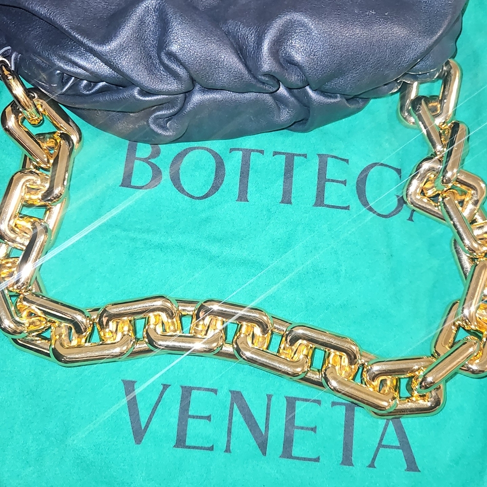 Bottega Veneta Navy Leather Bag with Gold Chain